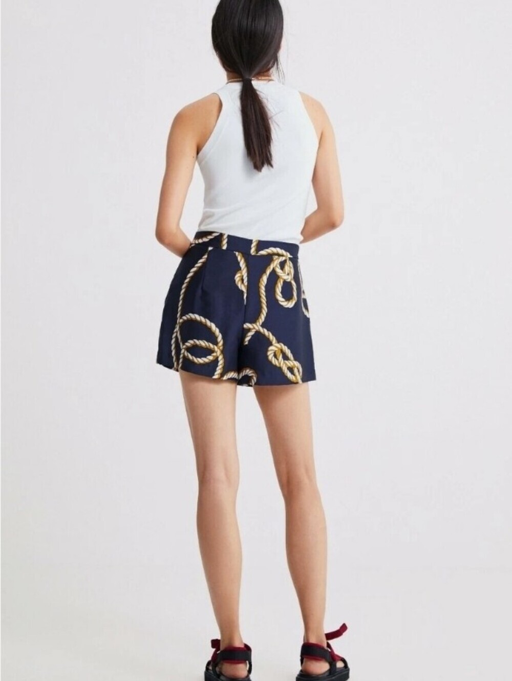 Zara Knot Print Navy Blue White High Waist Pleated Shorts Nautical Style, Sz XL - Picture 4 of 16